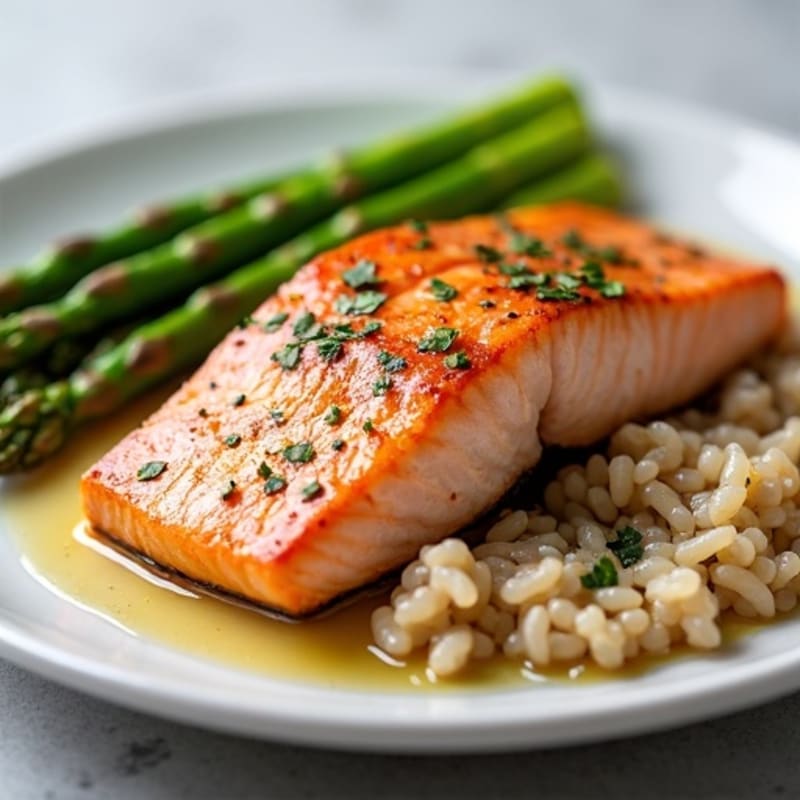 Seared Salmon Fillet with Steamed Asparagus and Brown Rice