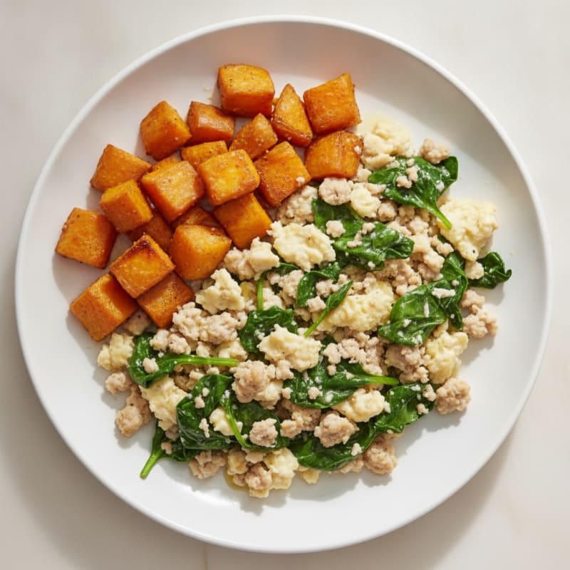 Egg White and Turkey Spinach Scramble with Roasted Sweet Potato