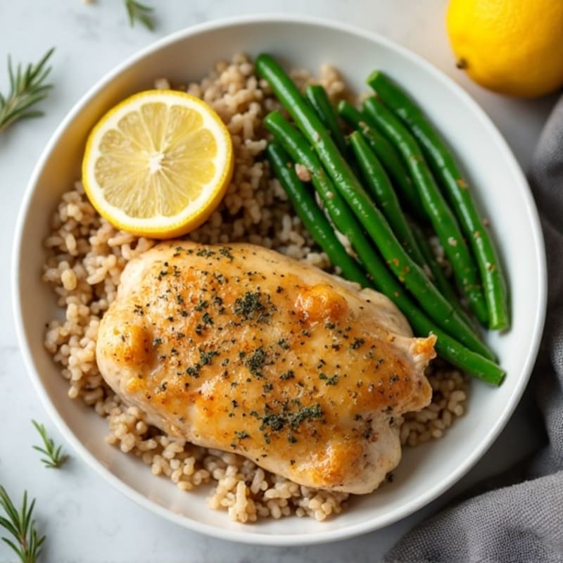 Lemon Herb Roasted Chicken with Brown Rice and Roasted Green Beans