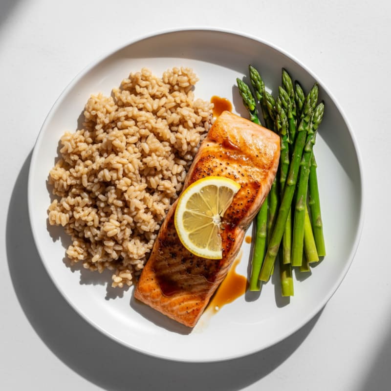 Seared Salmon Fillet with Steamed Asparagus and Brown Rice