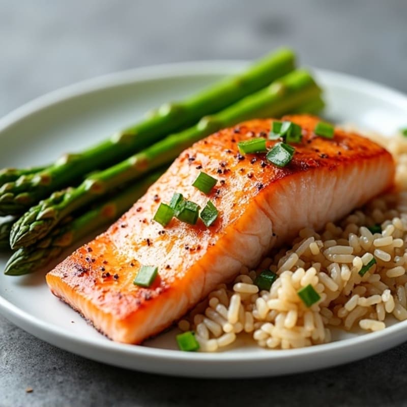 Seared Salmon with Steamed Asparagus and Brown Rice