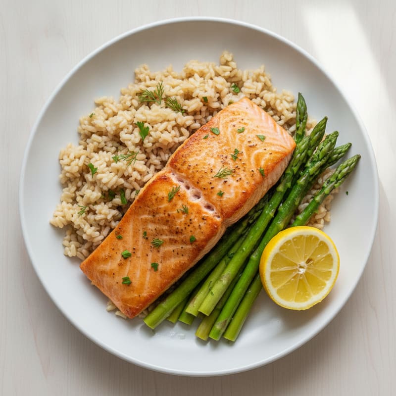Seared Salmon with Steamed Asparagus and Brown Rice