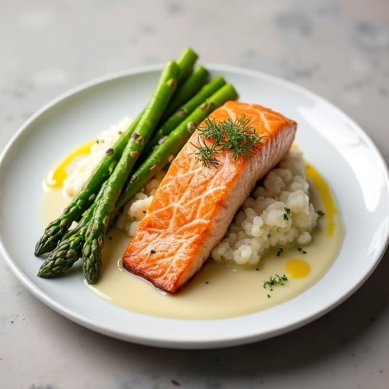 Seared Salmon with Steamed Asparagus and Cauliflower Mash