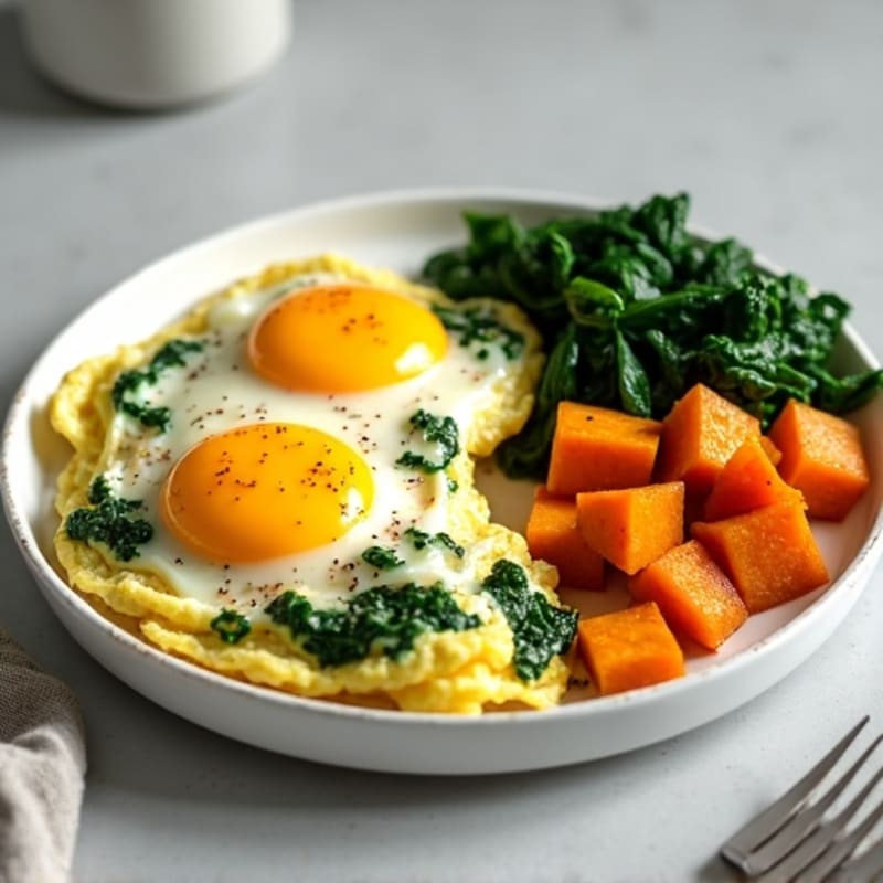 Fluffy Scrambled Eggs with Sautéed Spinach and Roasted Sweet Potato