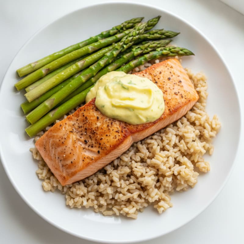 Pan-Seared Salmon with Steamed Asparagus and Brown Rice