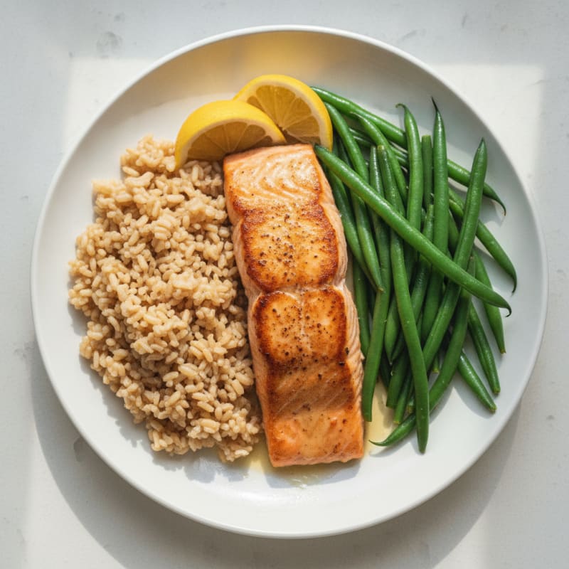 Seared Salmon Fillet with Steamed Green Beans and Brown Rice