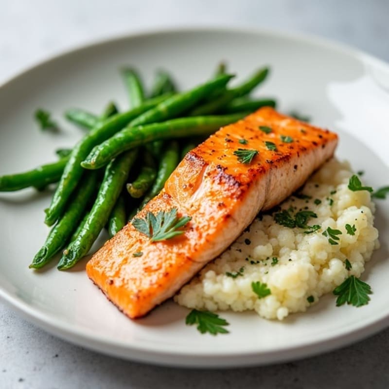 Seared Salmon with Garlic Green Beans and Herb Cauliflower Mash
