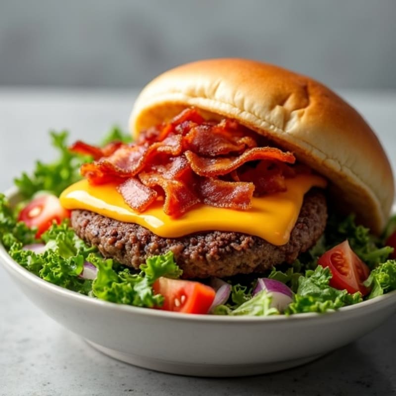 Lean Beef Burger Bowl with Crispy Bacon and Melty Cheddar