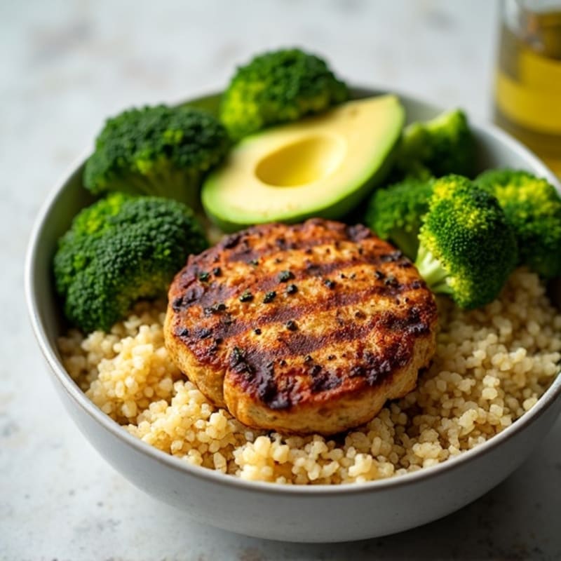 Grilled Turkey Burger Bowl with Quinoa and Roasted Broccoli