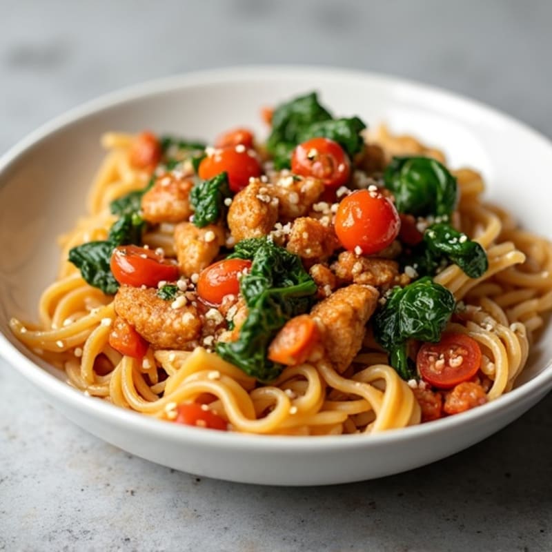 Healthy Chicken and Spinach Pasta with Light Tomato Sauce