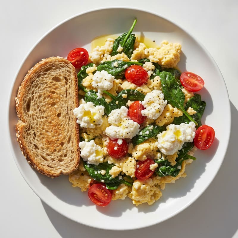 Creamy Cottage Cheese Scramble with Spinach and Cherry Tomatoes