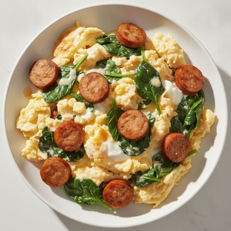 Creamy Scrambled Eggs with Turkey Sausage and Sautéed Spinach