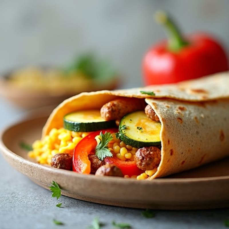 Lean Turkey Sausage, Scrambled Egg, and Roasted Veggie Breakfast Burrito