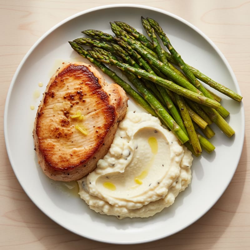 Seared Turkey Breast with Roasted Asparagus and Cauliflower Mash