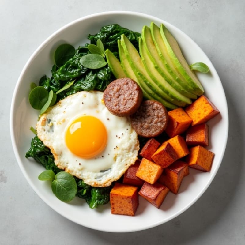 Egg White and Turkey Sausage Scramble with Spinach and Roasted Sweet Potato