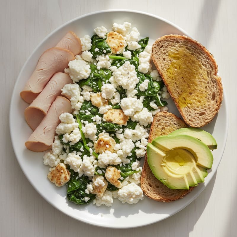 Egg White and Spinach Scramble with Cottage Cheese and Sliced Turkey