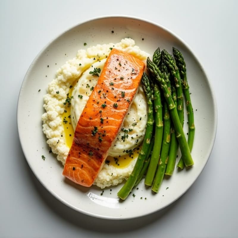 Seared Salmon with Roasted Asparagus and Cauliflower Mash