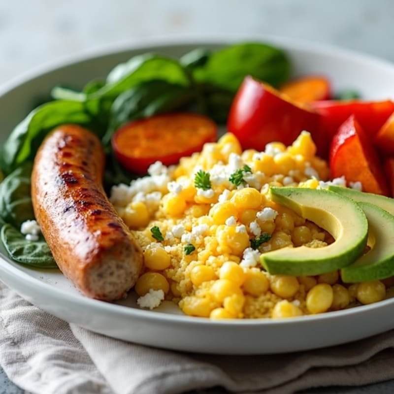 Chicken Sausage and Egg White Scramble with Roasted Sweet Potatoes