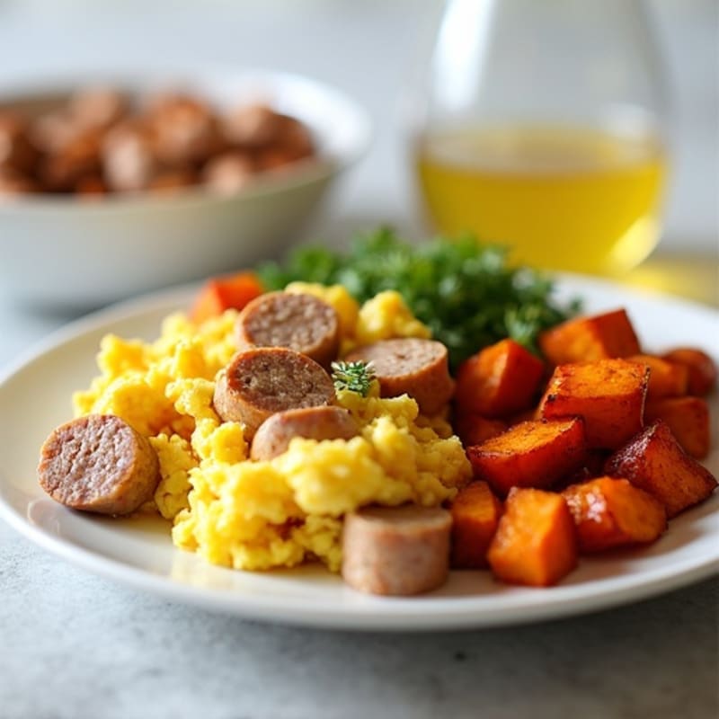 Egg White and Turkey Sausage Scramble with Roasted Sweet Potatoes