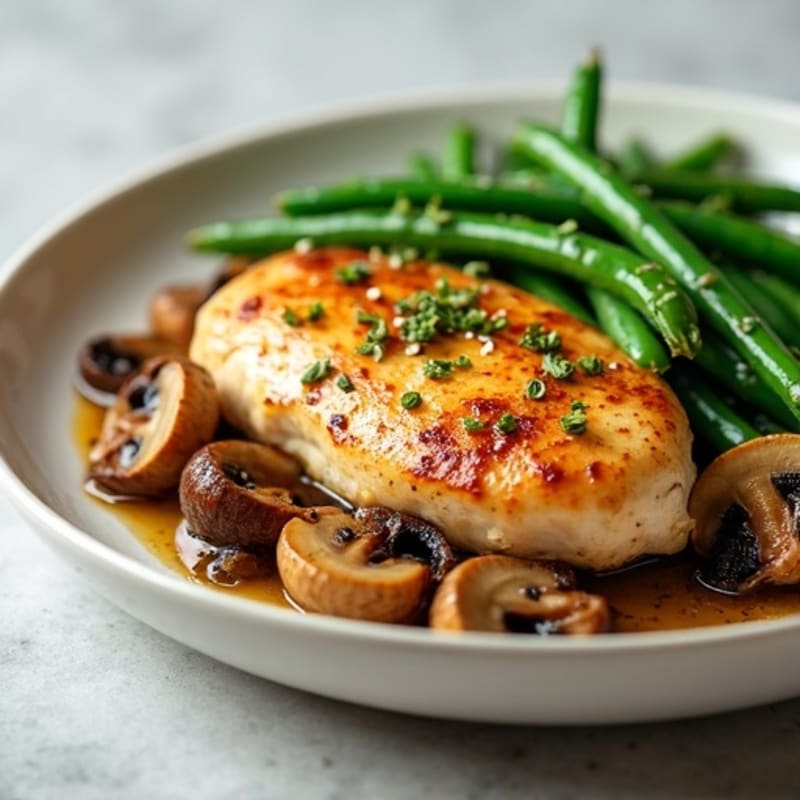 Pan-Seared Chicken with Roasted Garlic Butter Mushrooms and Crispy Green Beans