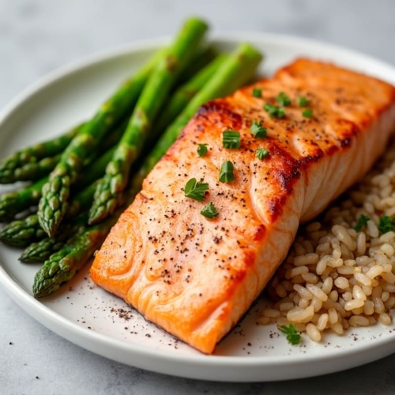 Seared Salmon Fillet with Steamed Asparagus and Brown Rice
