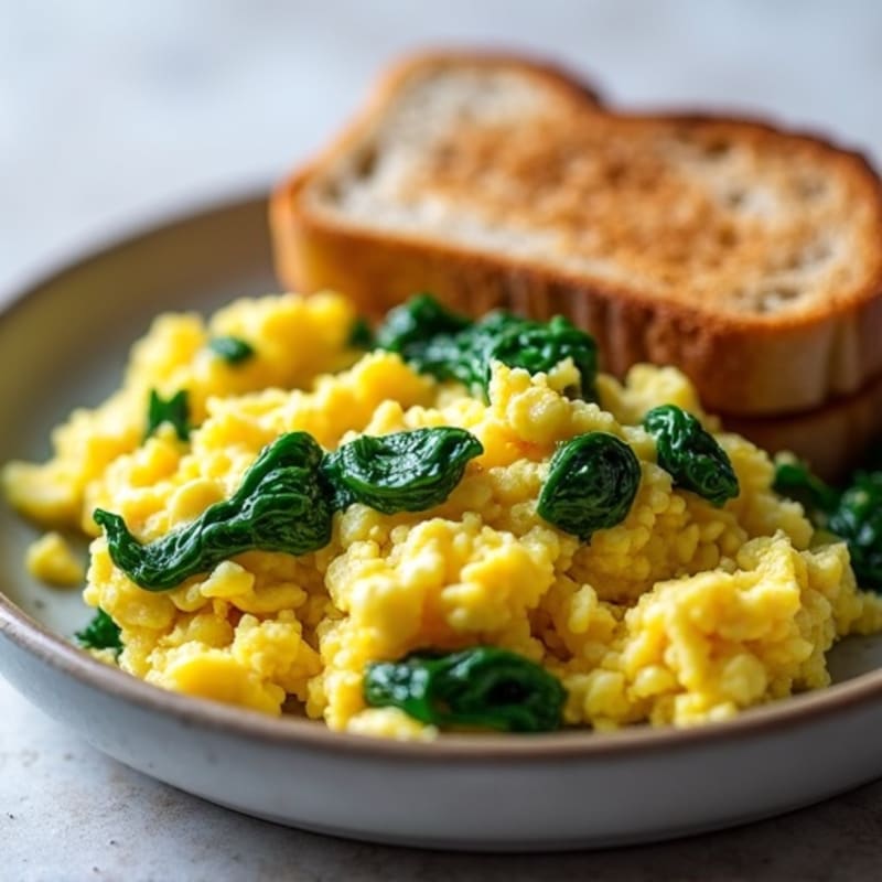 Fluffy Scrambled Eggs with Sautéed Spinach and Whole Grain Toast