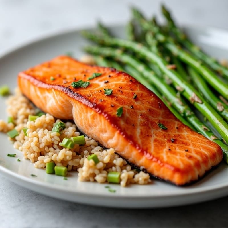 Seared Salmon with Steamed Asparagus and Brown Rice
