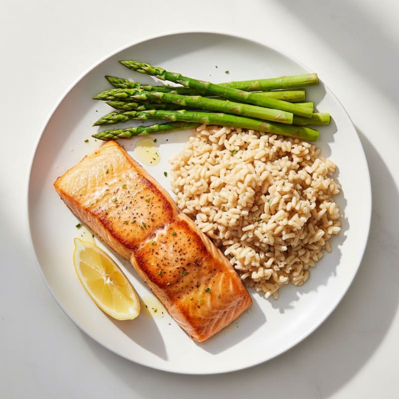 Seared Salmon Fillet with Steamed Asparagus and Brown Rice