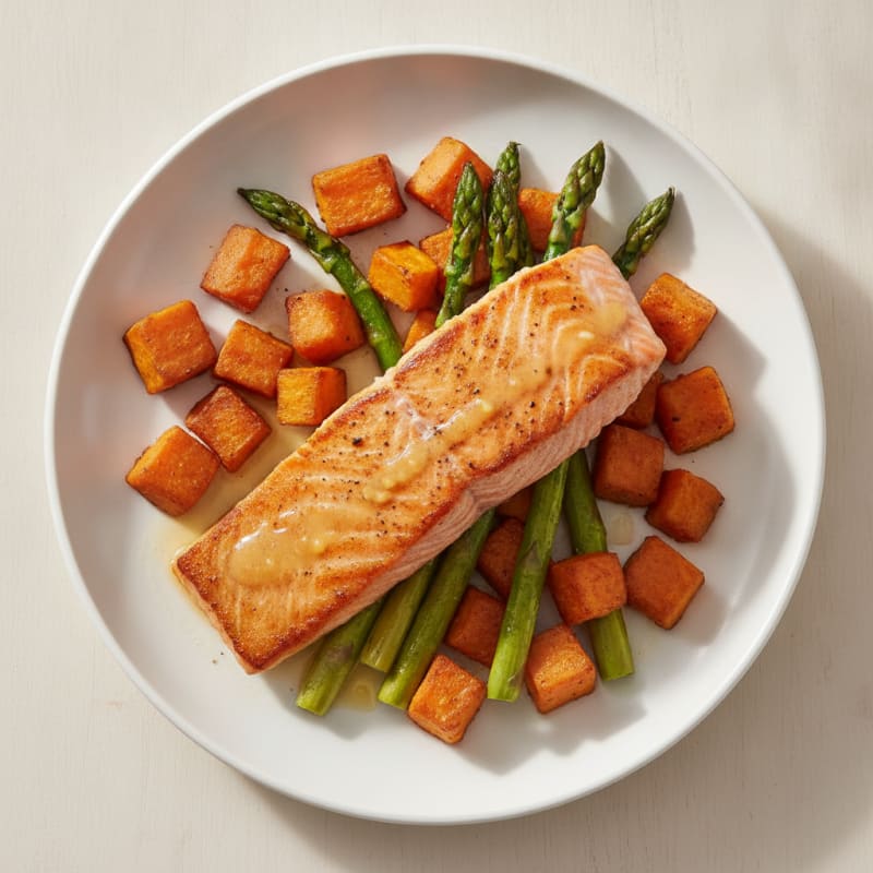 Seared Salmon with Roasted Sweet Potato and Asparagus
