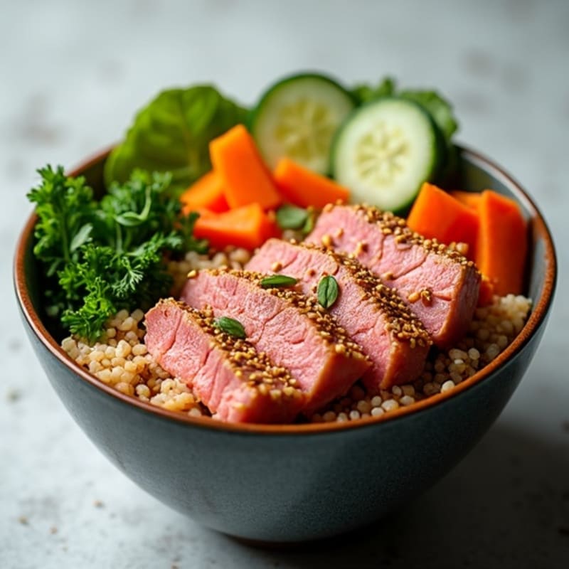 Sesame-Crusted Tuna Rice Bowl with Fresh Vegetables