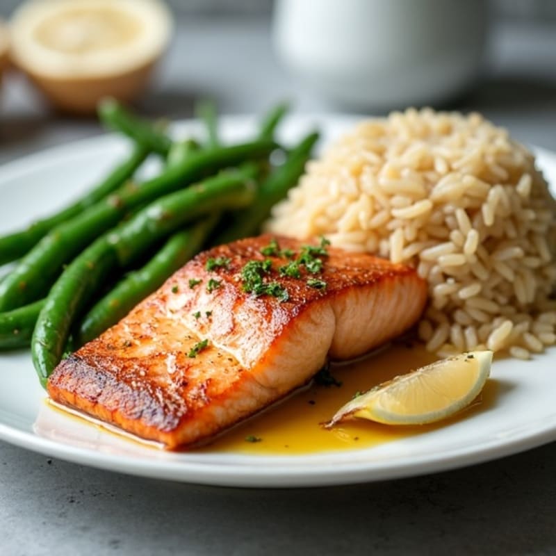 Seared Salmon Fillet with Garlic Green Beans and Steamed Brown Rice