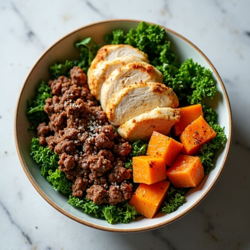 Lean Ground Beef and Chicken Power Bowl with Roasted Sweet Potatoes and Crispy Greens
