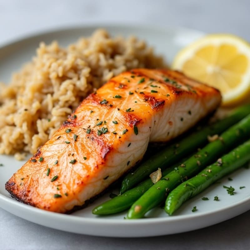 Seared Salmon with Garlic Green Beans and Brown Rice