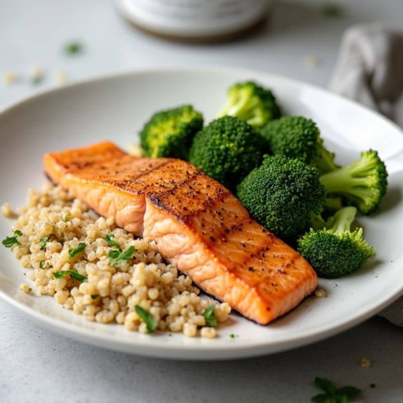 Seared Salmon with Roasted Broccoli, Quinoa, and Protein Drizzle