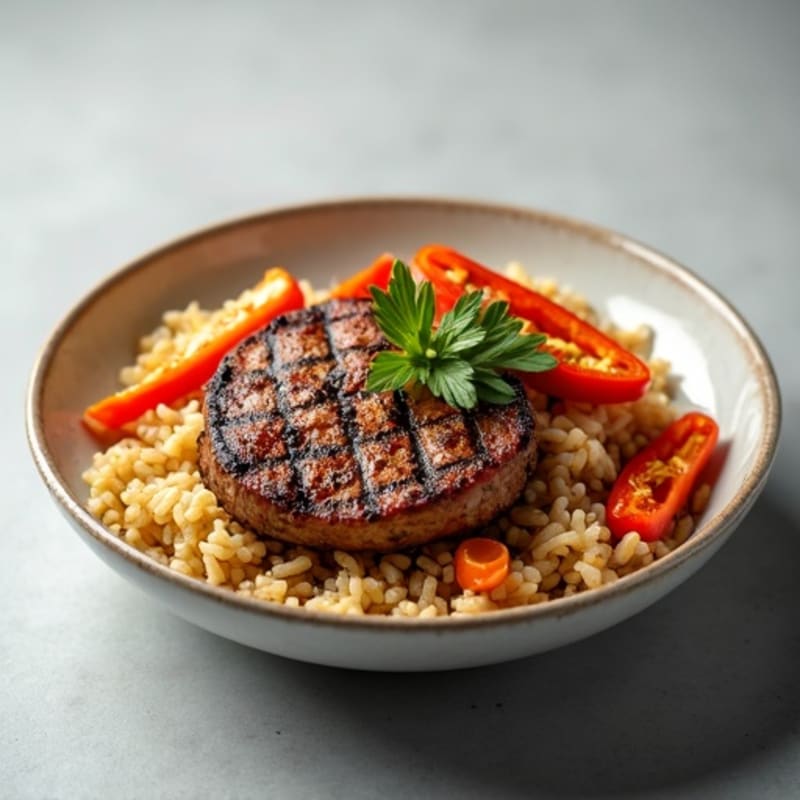 Grilled Steak and Jasmine Rice Bowl with Roasted Onions and Bell Peppers