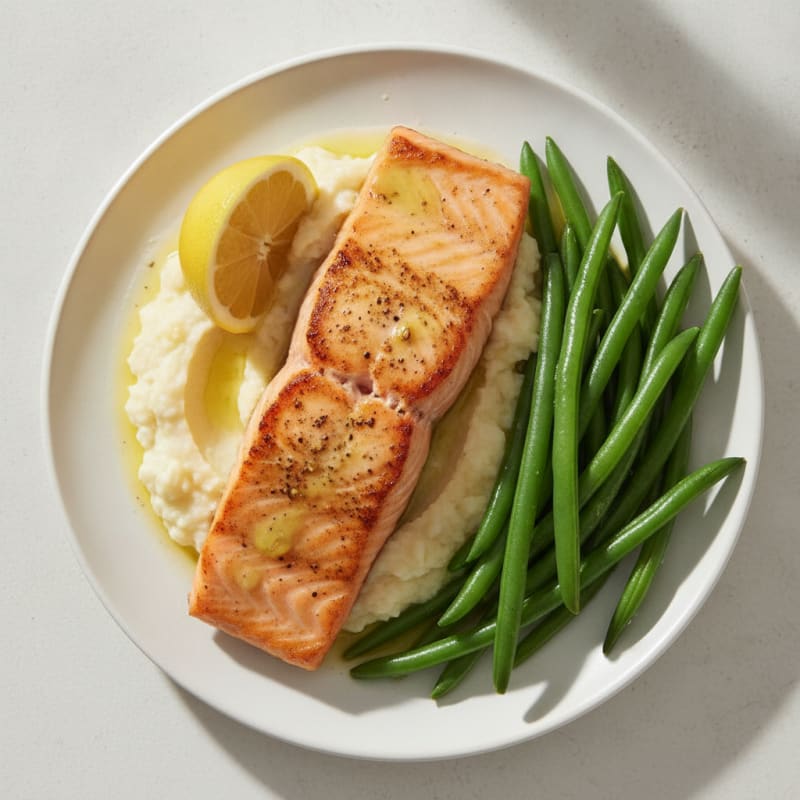 Seared Salmon with Steamed Green Beans and Cauliflower Mash