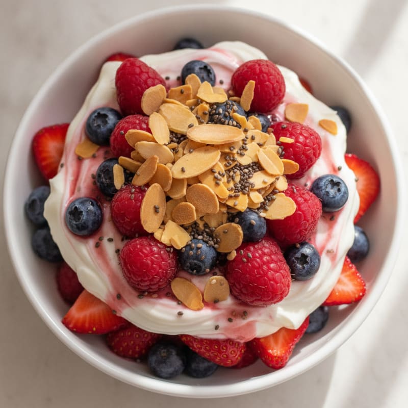 Greek Yogurt Protein Parfait with Mixed Berries and Almonds