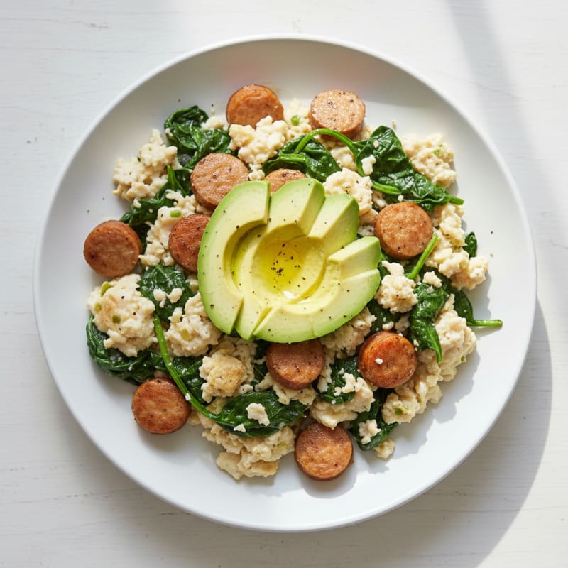 Egg White and Turkey Sausage Scramble with Sautéed Spinach
