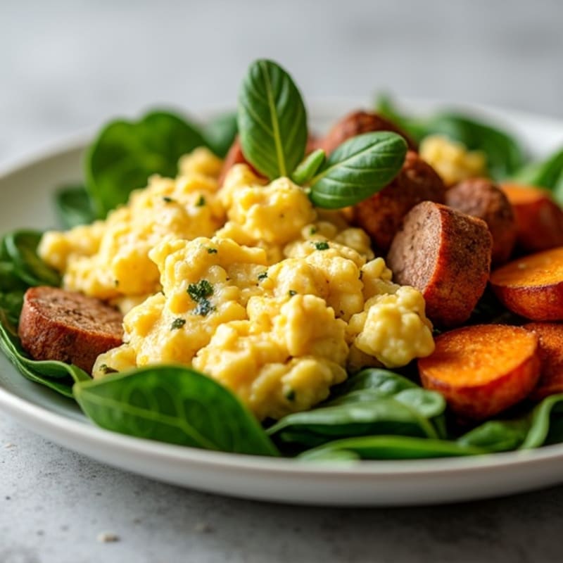 Egg White and Chicken Sausage Scramble with Spinach and Roasted Sweet Potato