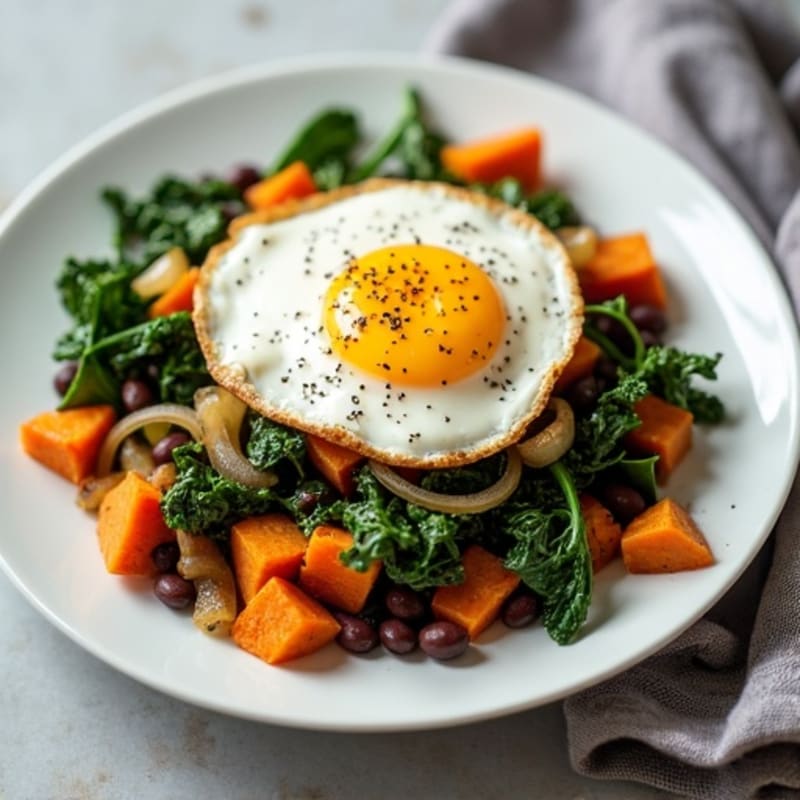 Sweet Potato Hash with Crispy Eggs and Sautéed Greens