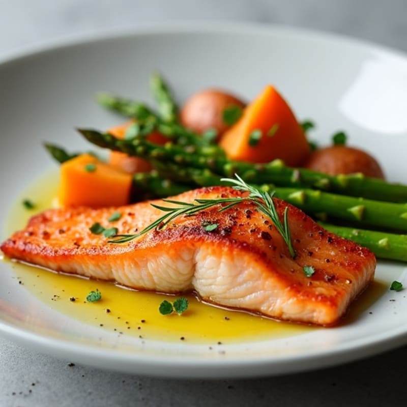 Crispy Skin Salmon with Roasted Asparagus and Sweet Potato