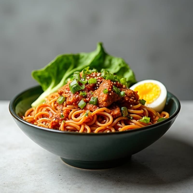 Spicy Sesame Ground Pork Noodle Bowl with Crispy Greens