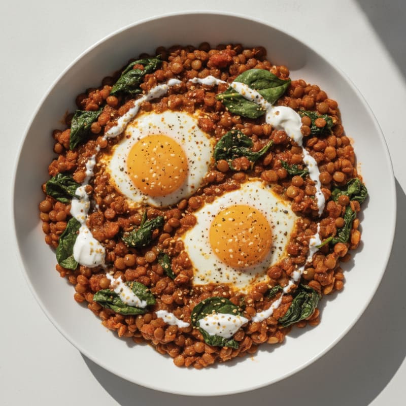 Baked Eggs with Spiced Lentil Hash