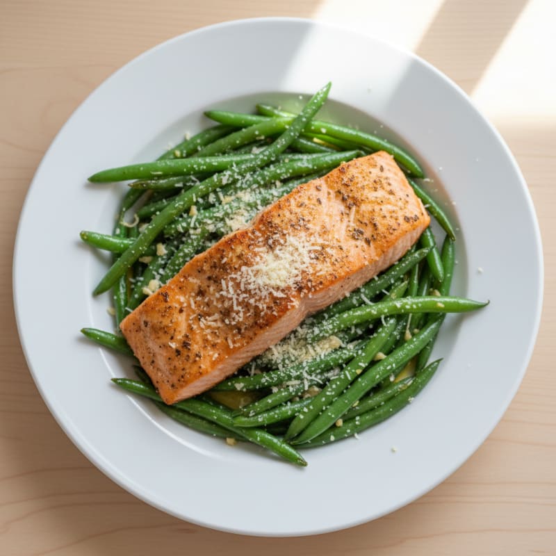 Seared Salmon with Garlic Green Beans and Parmesan