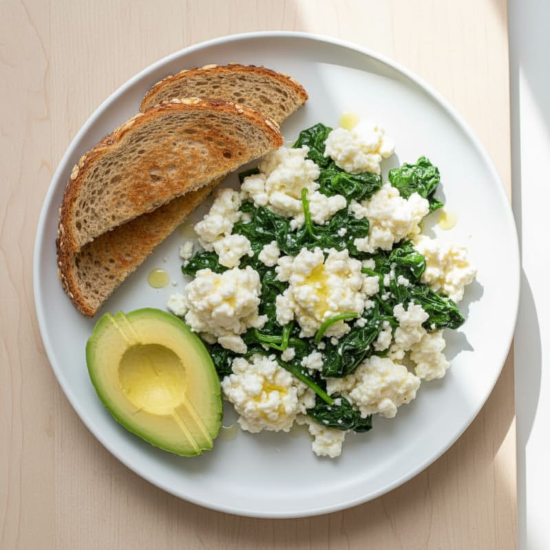 Cottage Cheese Egg White Scramble with Sautéed Spinach