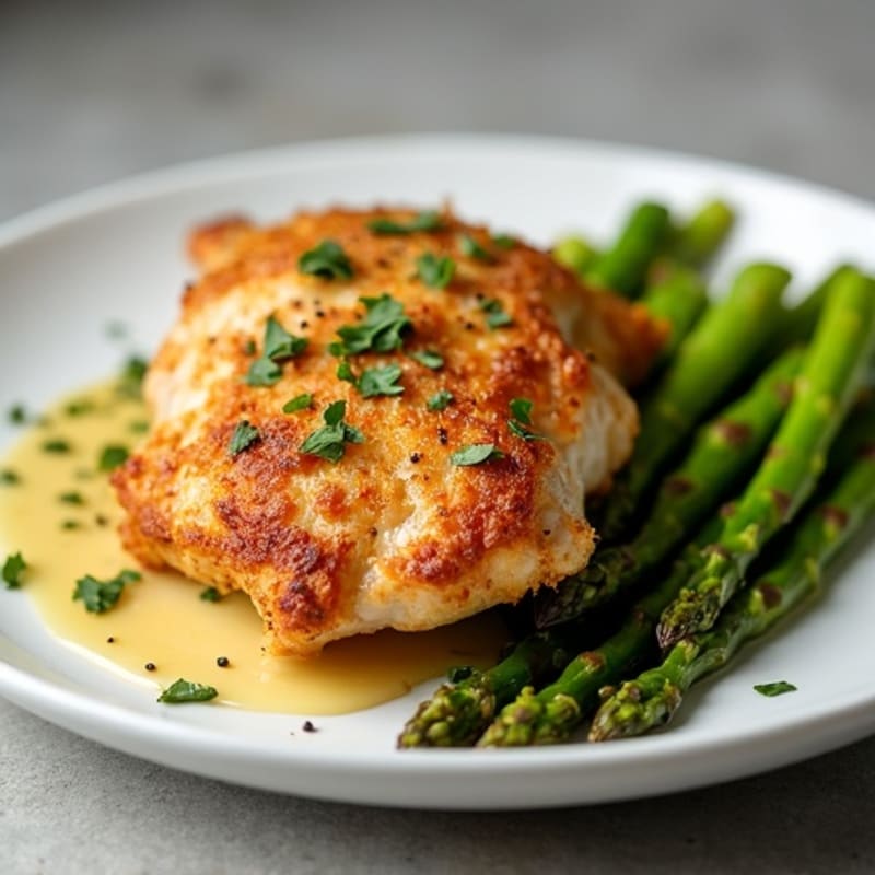Crispy Lemon Garlic Roasted Chicken Thighs with Tender Asparagus