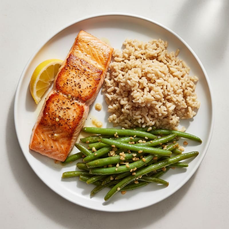 Seared Salmon with Garlic Green Beans and Brown Rice