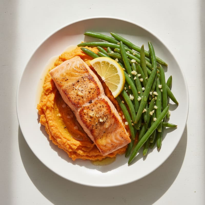 Seared Salmon with Garlic Green Beans and Sweet Potato Mash