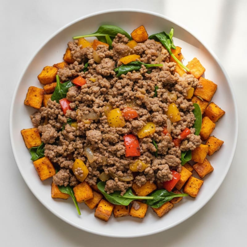 Ground Beef Skillet with Roasted Sweet Potatoes