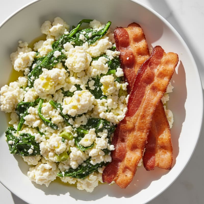 Egg White Spinach Scramble with Cottage Cheese and Turkey Bacon